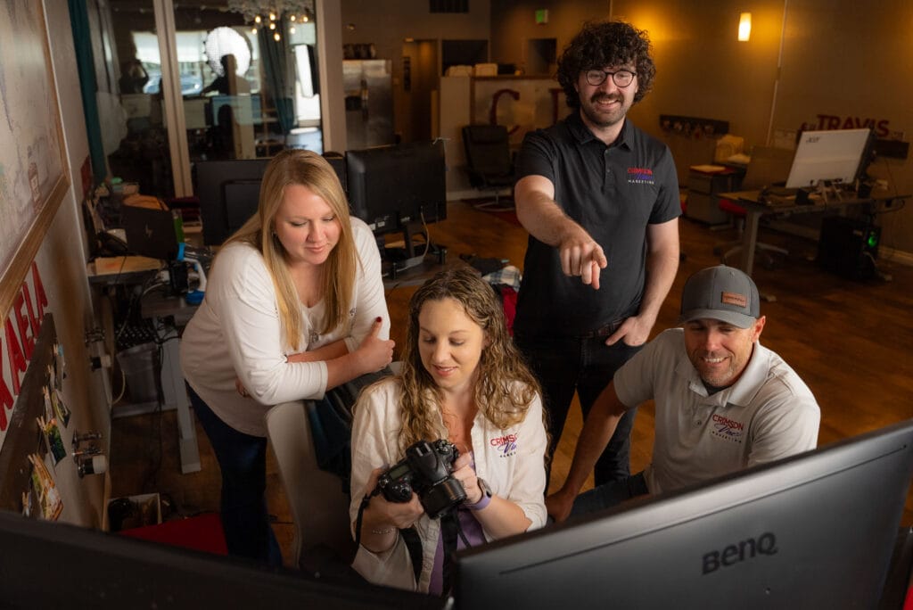 Team collaborating in a modern office.