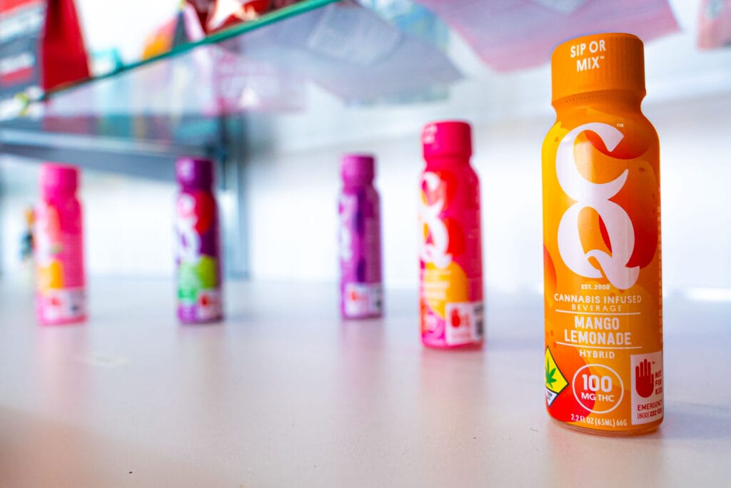 Cannabis-infused drinks on display shelf.