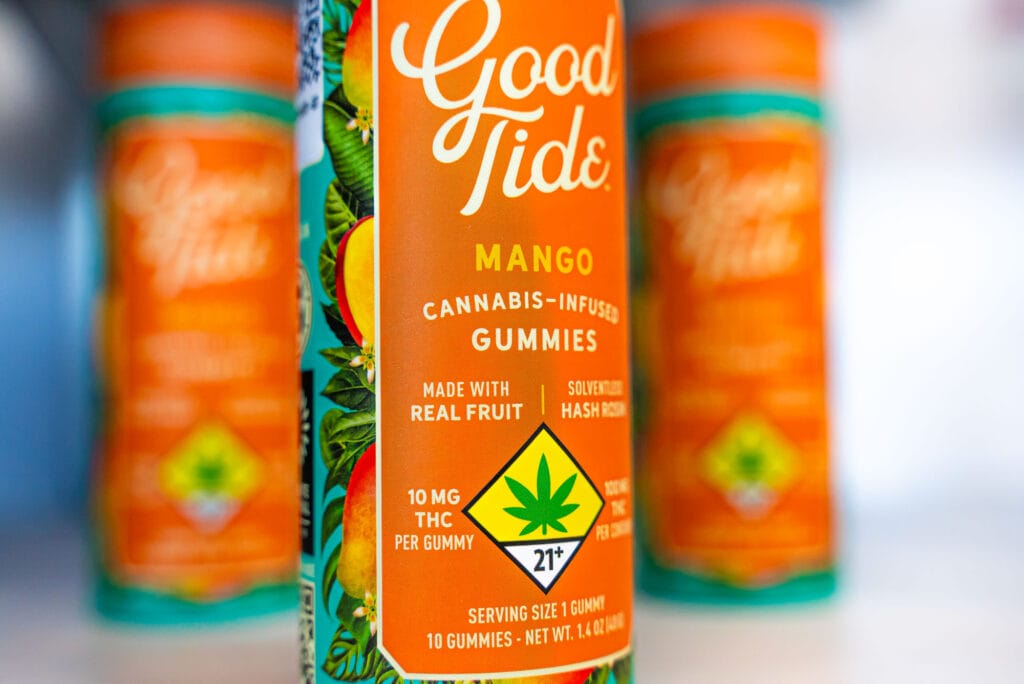 Mango cannabis gummies packaging with THC label