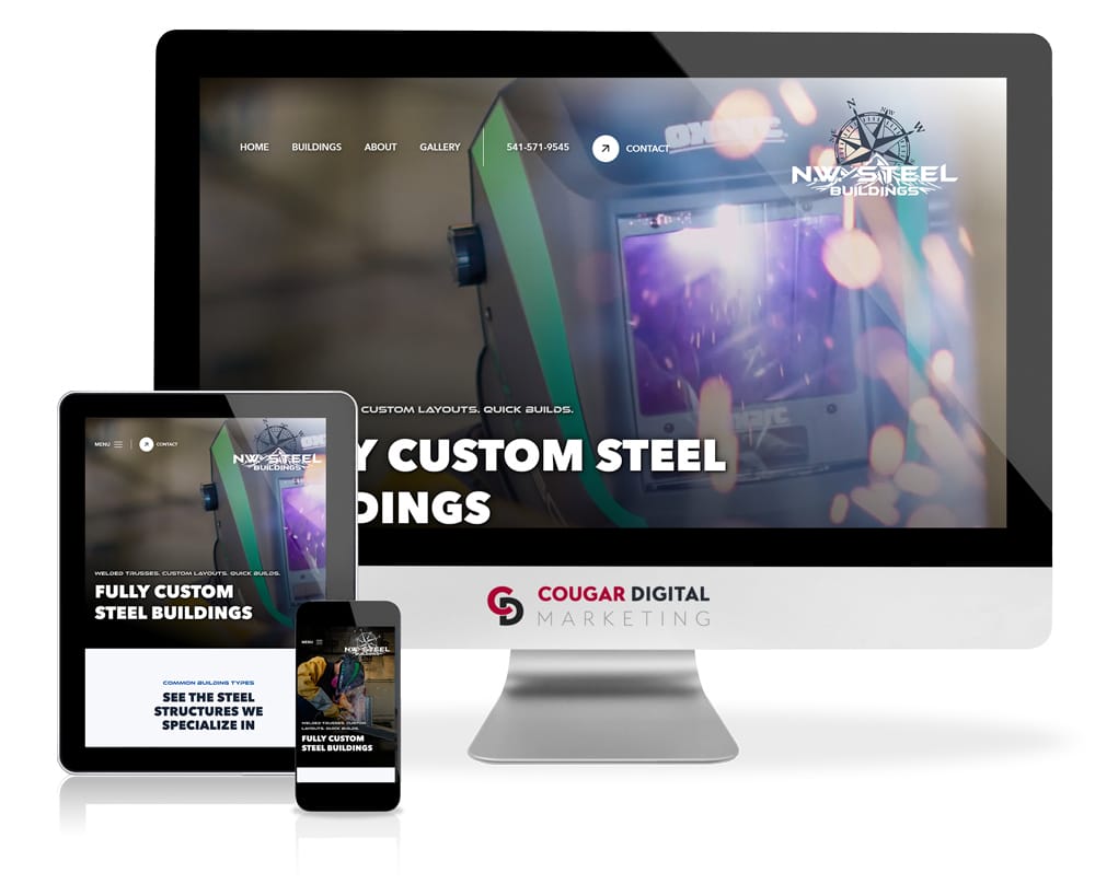 NW-Steel-Buildings Responsive design showcasing steel building website on devices.