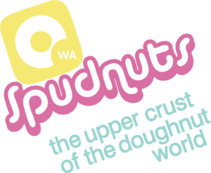Spudnuts logo, doughnut brand slogan included.