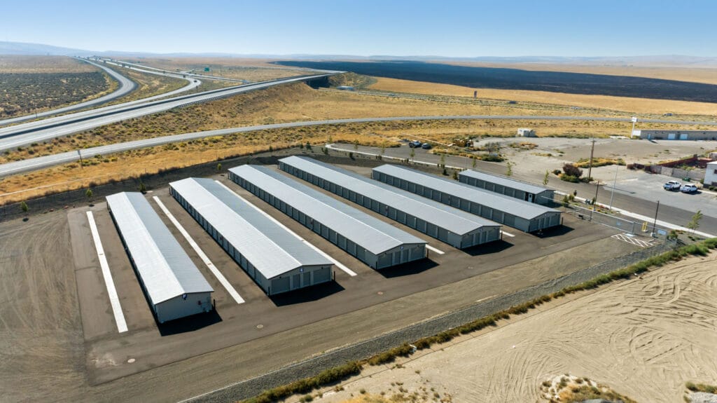 Aerial view of storage facility near highways.