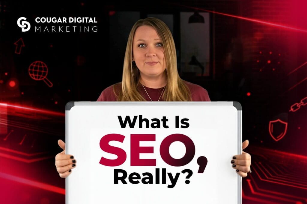 Person holding SEO sign with digital background