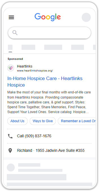Google search ad for Heartlinks Hospice care information.