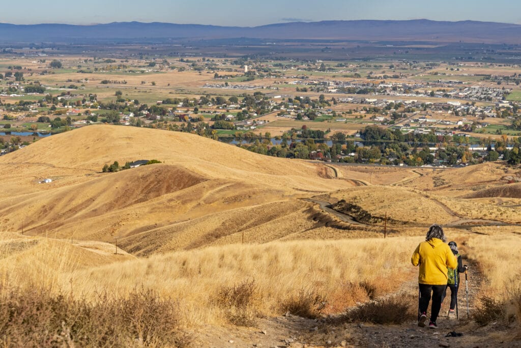 Hikers on a trail overlooking rural landscape.