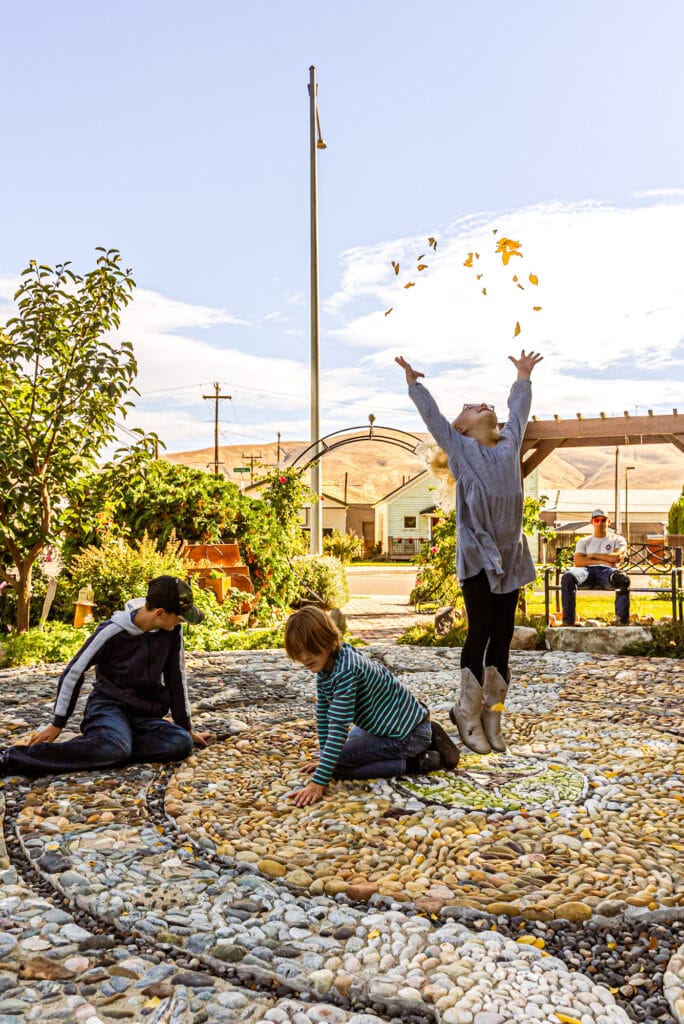 Children playing with leaves on a sunny day.