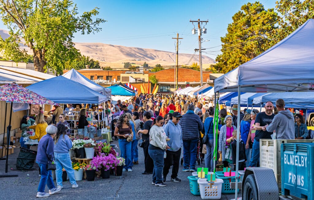 Busy outdoor market with people and colorful tents.