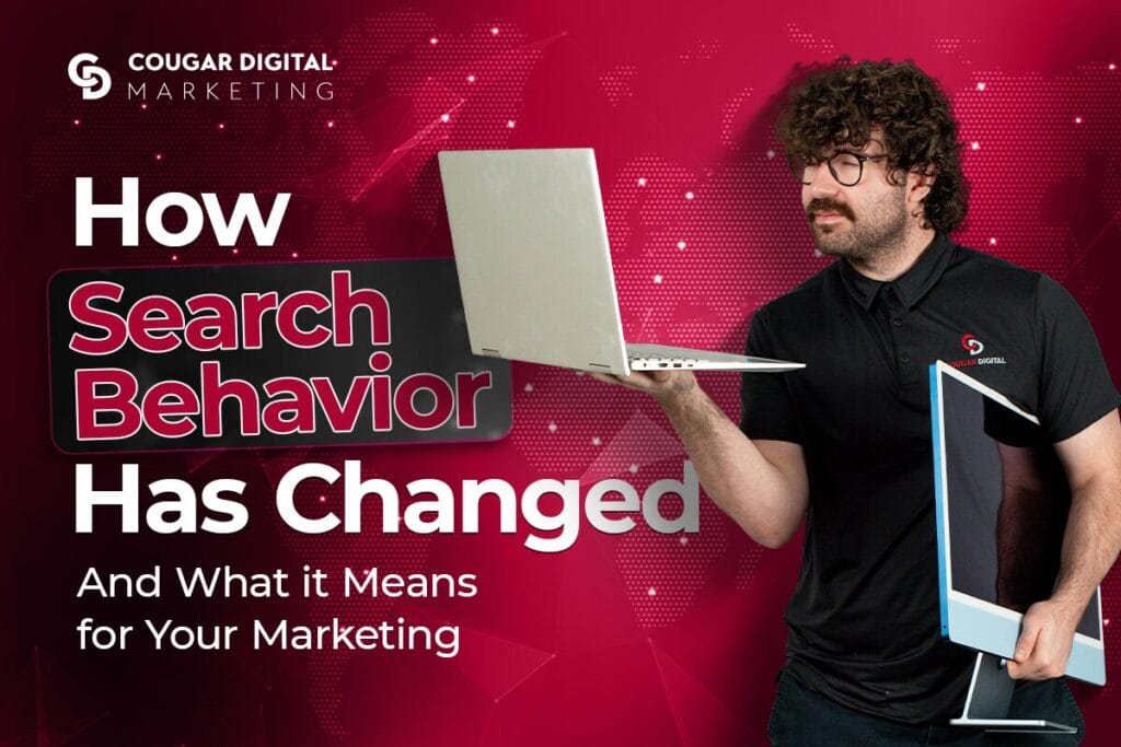 Man holding laptop and monitor, marketing text