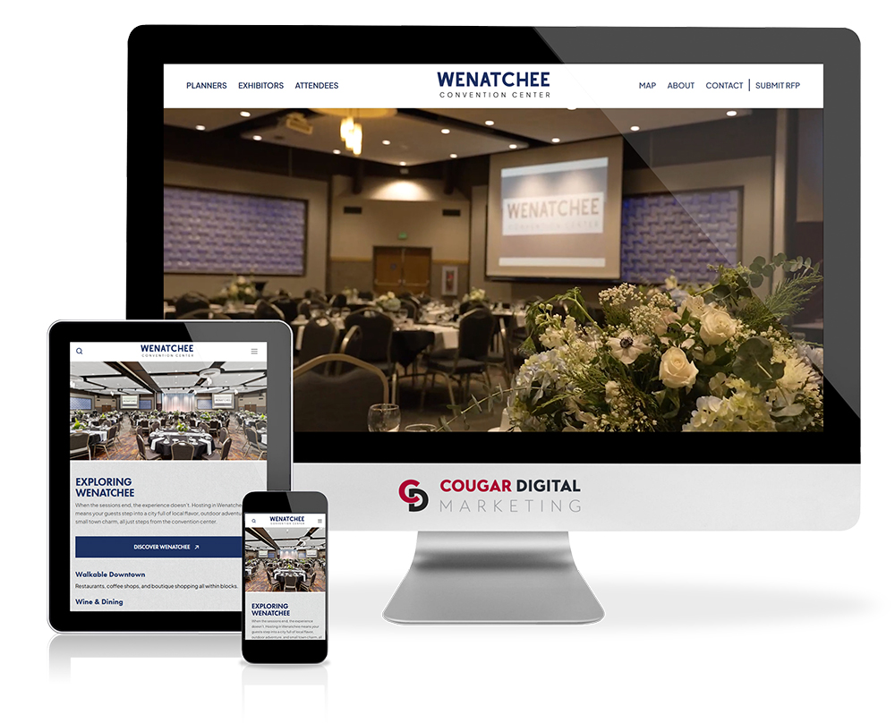 Three devices showcasing Wenatchee Convention Center website.