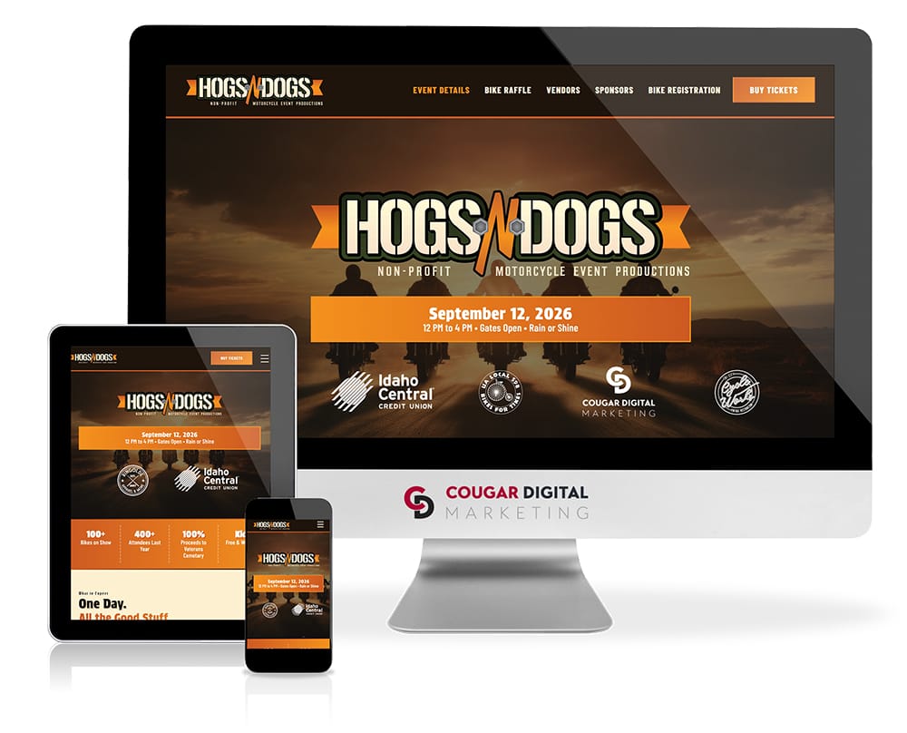 Hogs & Dogs motorcycle event website mockup
