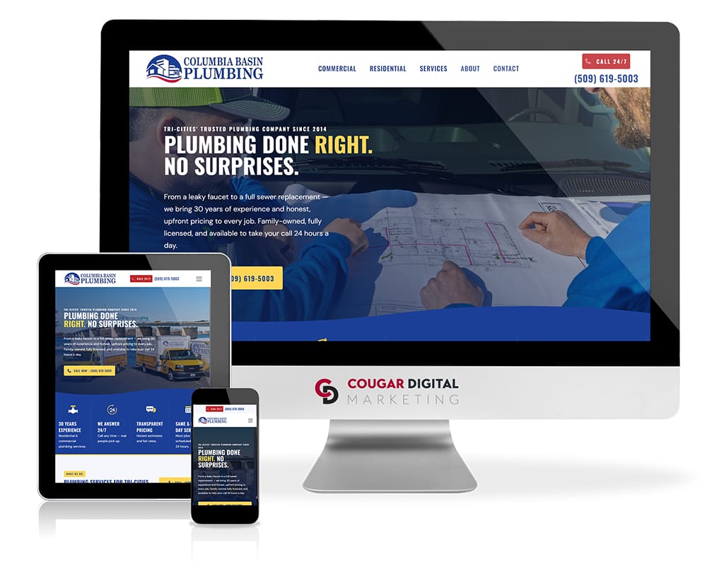 Plumbing company website displayed on desktop and mobile devices