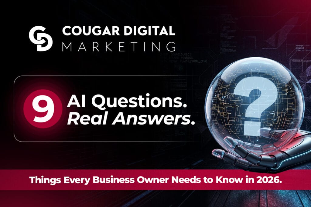 AI marketing graphic with robotic hand and question mark