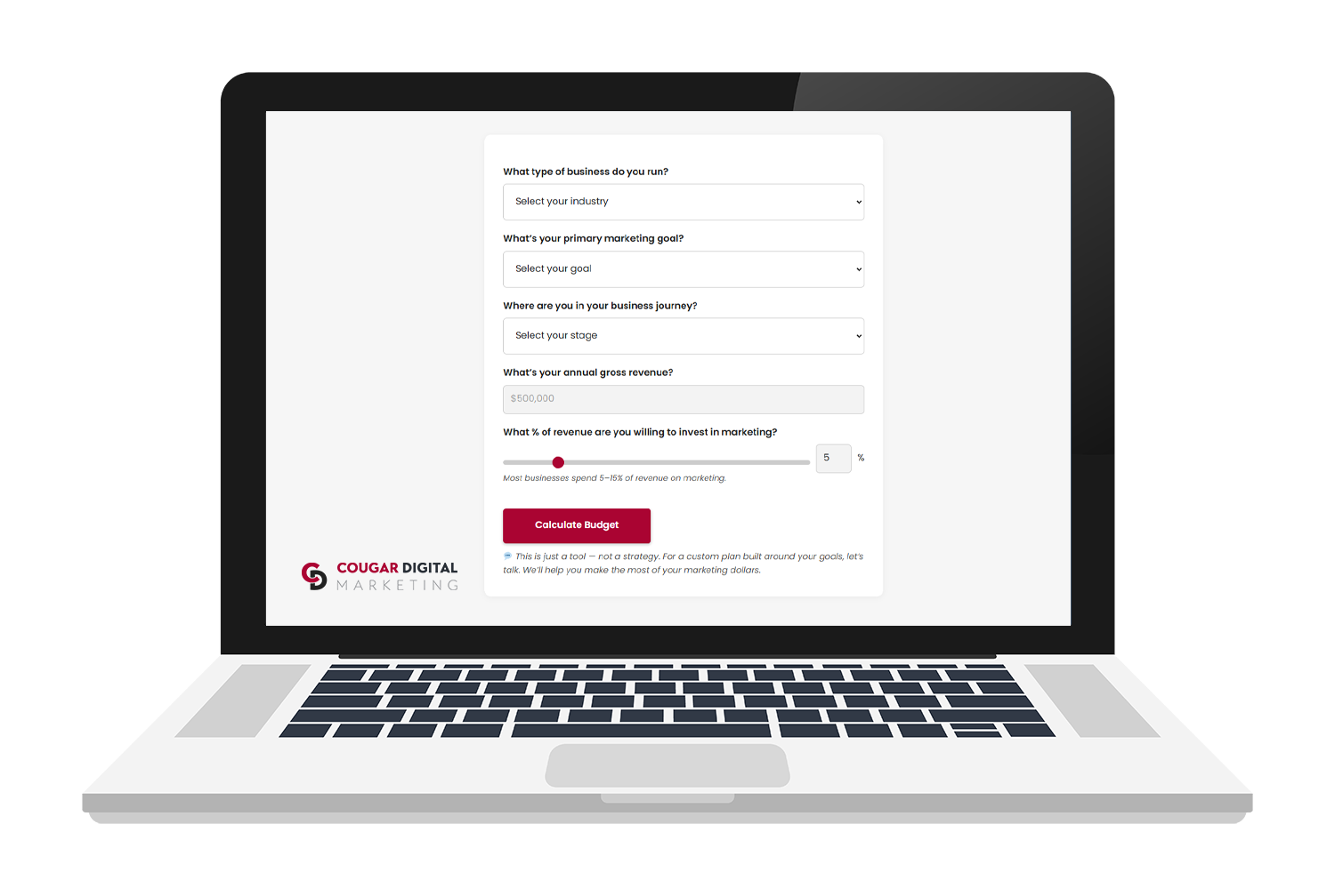 Laptop displaying digital marketing budget calculator form