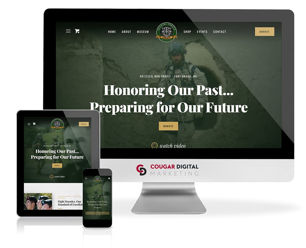 Responsive nonprofit website displayed on desktop, tablet, smartphone
