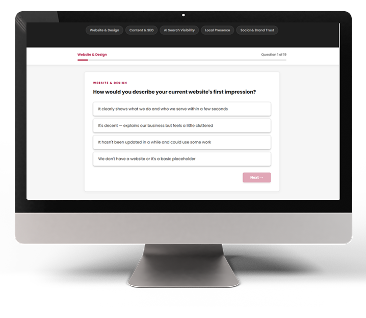 Website design assessment quiz displayed on desktop monitor