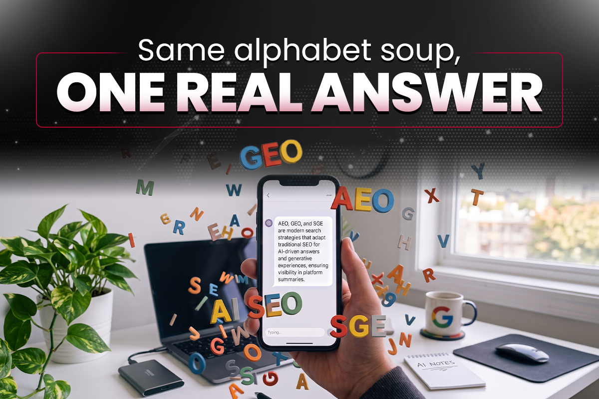 Hand holding phone with SEO, GEO, AEO, SGE letters flying