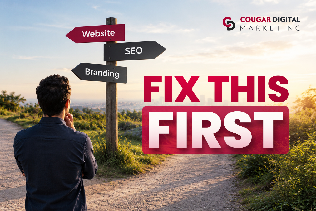 Man at crossroads choosing between Website, SEO, and Branding