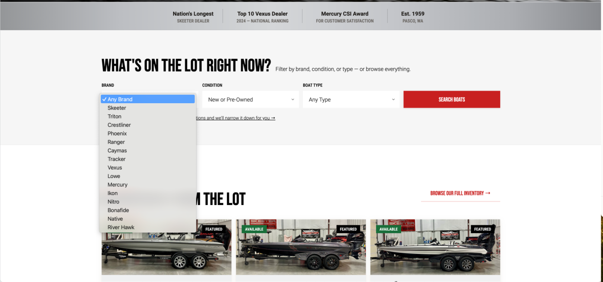 Boat dealer website inventory search with brand filter