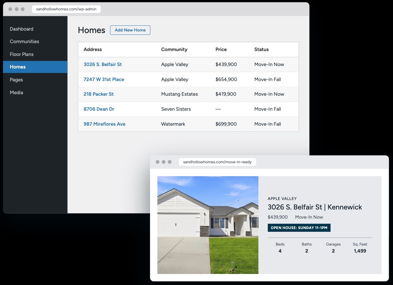 admin-front-end-sandhollow Homebuilder admin dashboard and move-in ready listing page