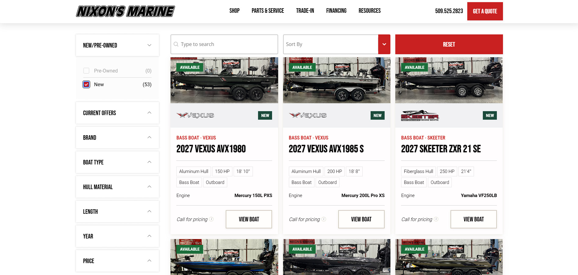 Nixon's Marine website showing new bass boats for sale