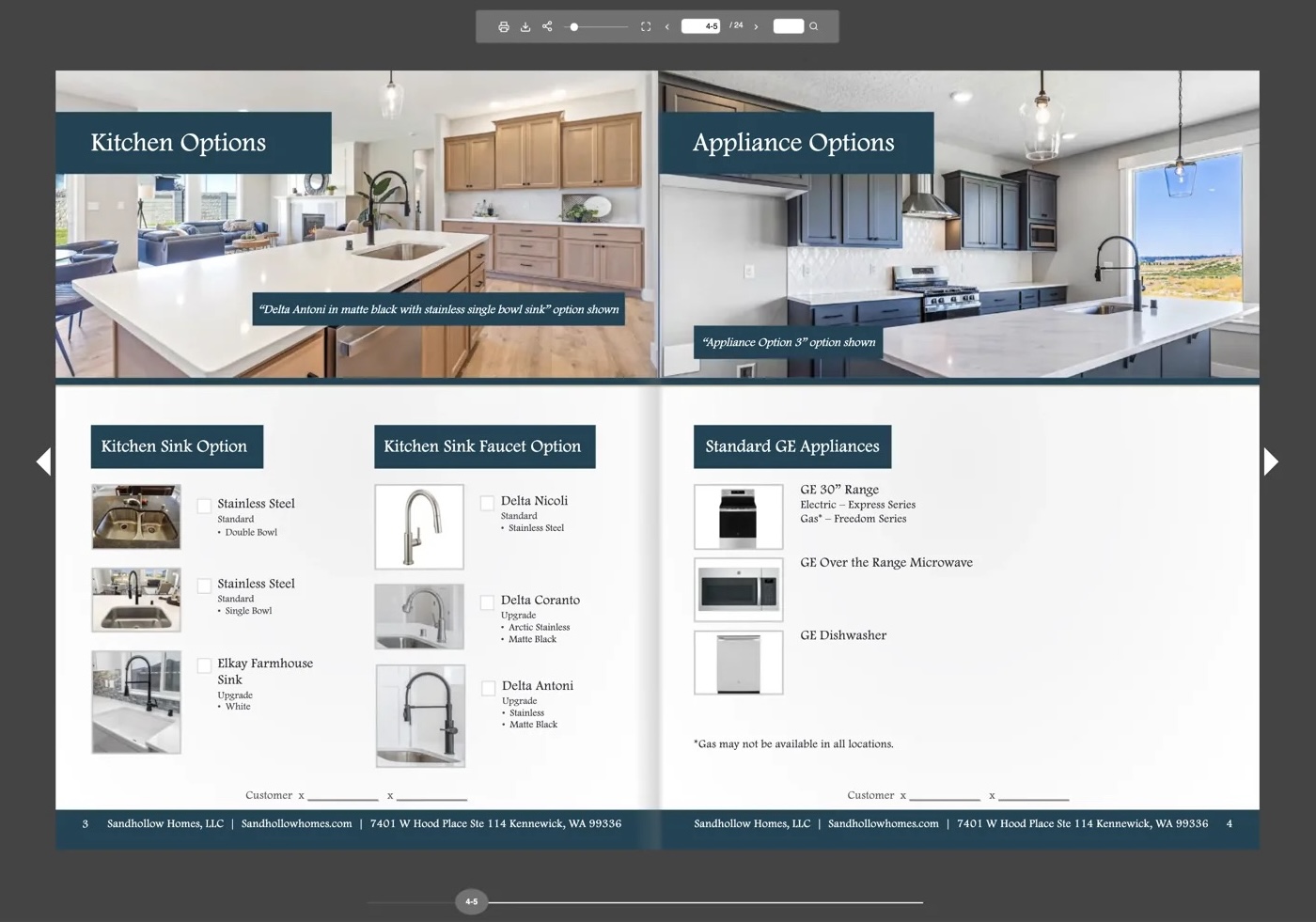 sandhollow-product-guide-cropped Home builder brochure page showing kitchen and appliance options