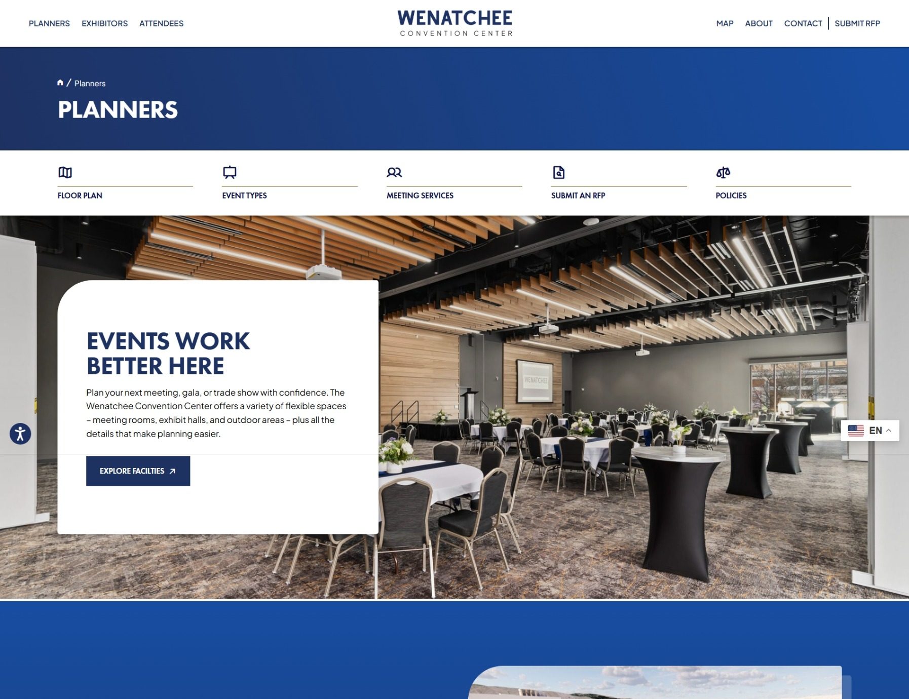 Wenatchee Convention Center planners webpage with event hall