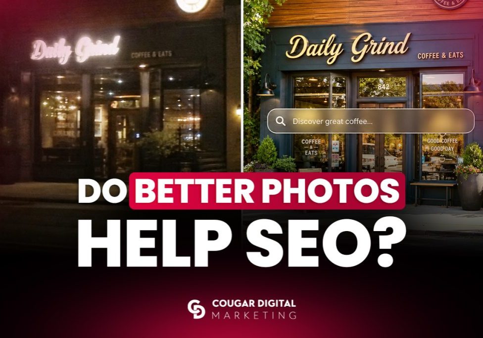 Before and after coffee shop photos comparing SEO image quality