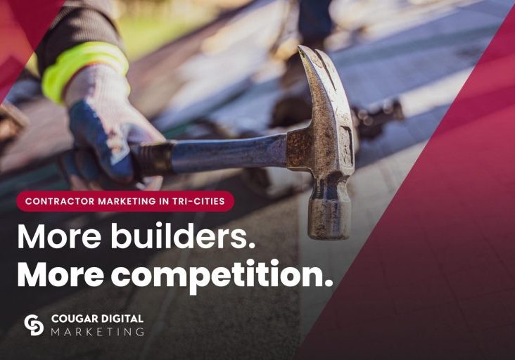 Contractor holding hammer on rooftop, Cougar Digital Marketing ad
