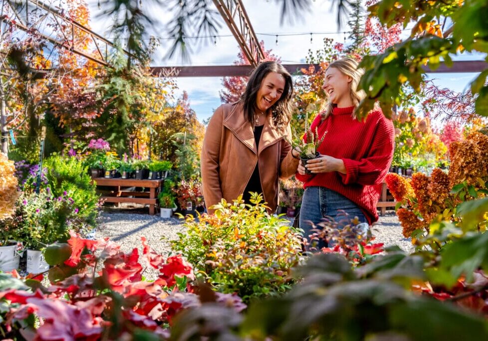 Women smiling in vibrant garden with flowers.