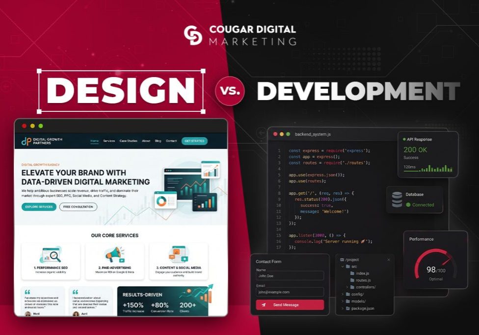 Design vs Development comparison graphic by Cougar Digital Marketing