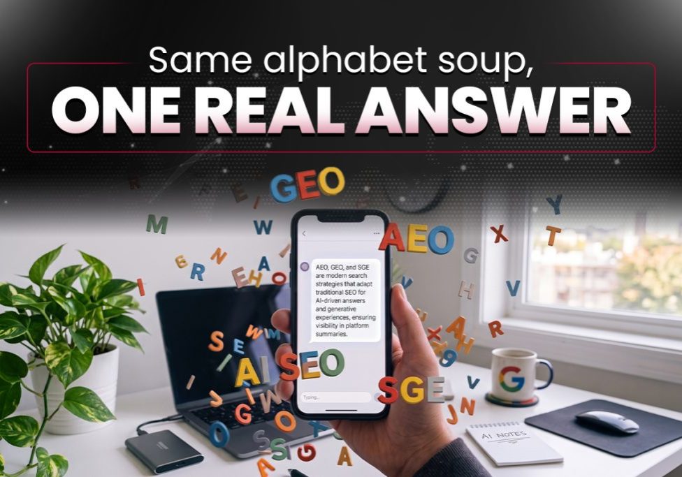 Hand holding phone with SEO, GEO, AEO, SGE letters flying