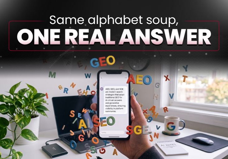 Hand holding phone with SEO, GEO, AEO, SGE letters flying