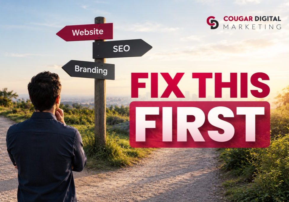 Man at crossroads choosing between Website, SEO, and Branding